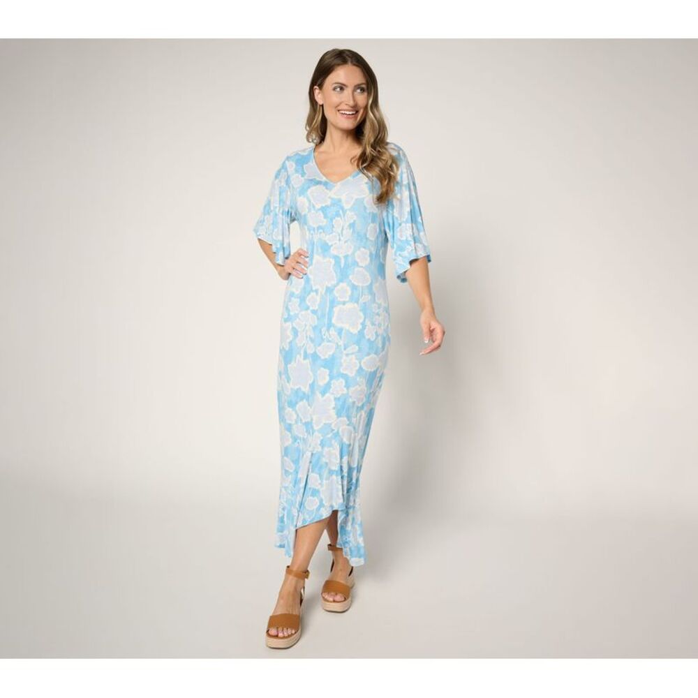 Peace Love World Women's Plus Sz Dress 2X Boheme Knit Flutter Sleeve Blue